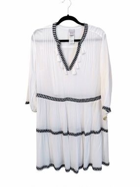 Chico's Cover Up Like New Sheer Boho Dress White with Tassels Black Trim Size S
